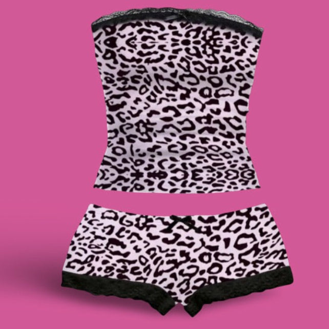 Pink & Black Leopard Print Lace Trim Two-Piece Lingerie Set 🎀