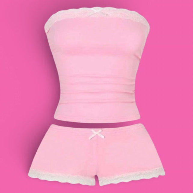 Pink & White Lace Trim Two-Piece Lingerie Set 💗