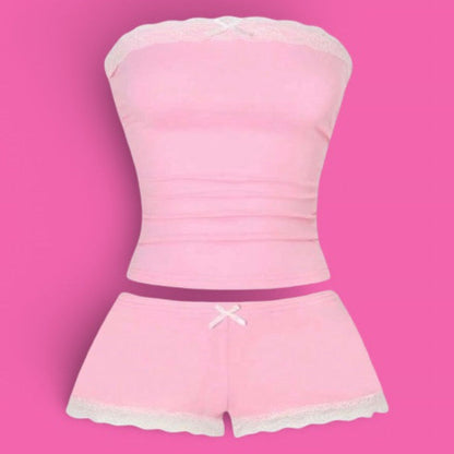 Pink & White Lace Trim Two-Piece Lingerie Set 💗
