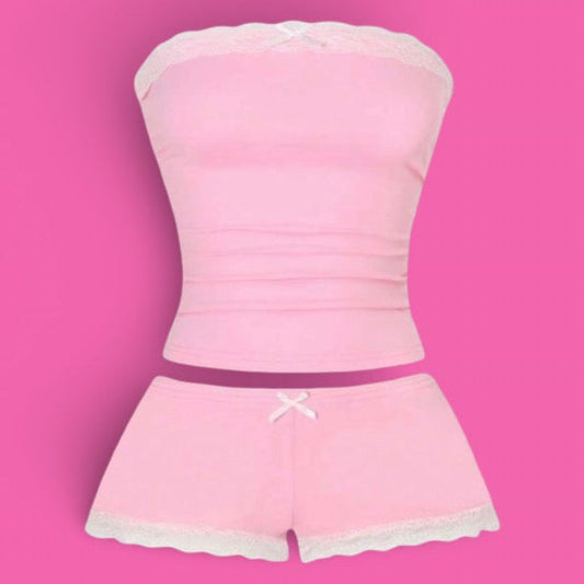 Pink & White Lace Trim Two-Piece Lingerie Set 💗