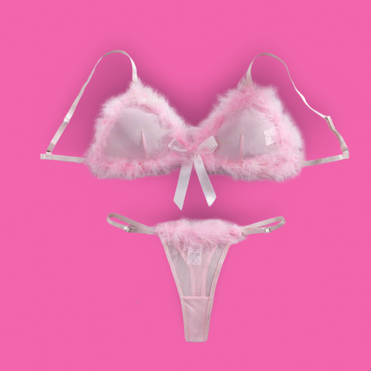 Pink Feather Trim Lingerie Set 🎀