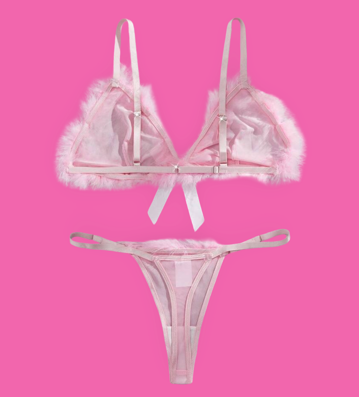 Pink Feather Trim Lingerie Set 🎀