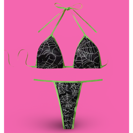 🕷️ Black & Green Spooky Spiderweb Bikini Set 💚