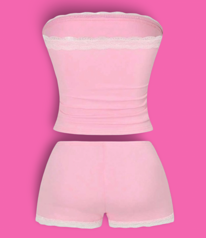 Pink & White Lace Trim Two-Piece Lingerie Set 💗