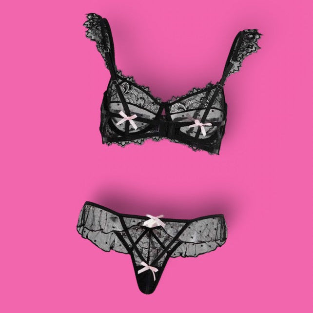 Pink Bow Lace Lingerie Set