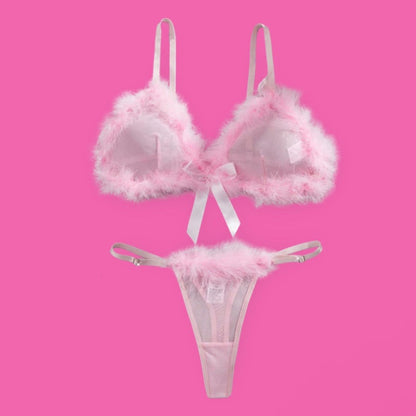 Pink Feather Trim Lingerie Set 🎀