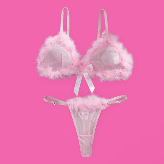 Pink Feather Trim Lingerie Set 🎀